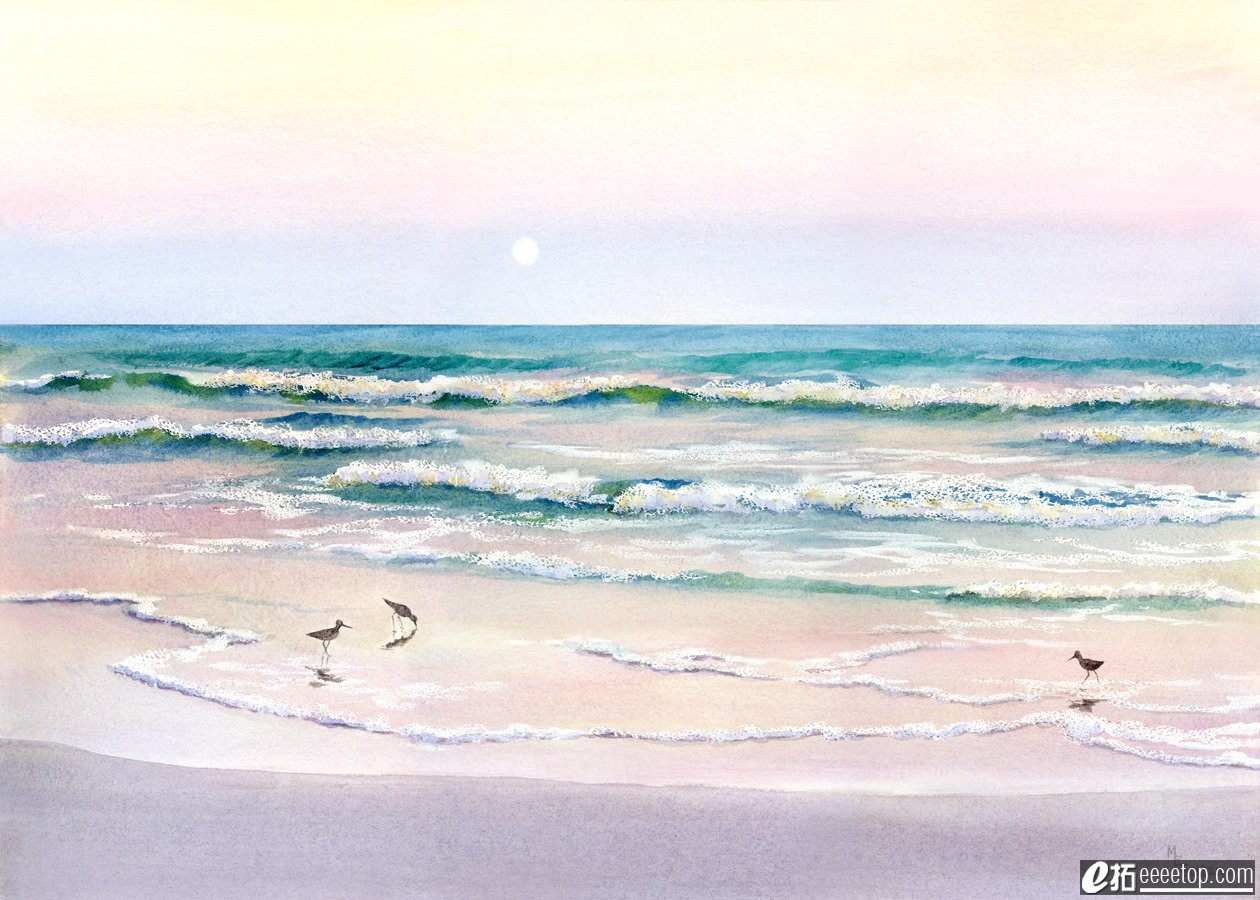 Moonrise Giclee of beach with sandpipers.jpg