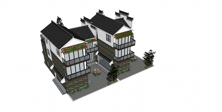 徽派建筑别墅模型，现代新中式风格建筑-2