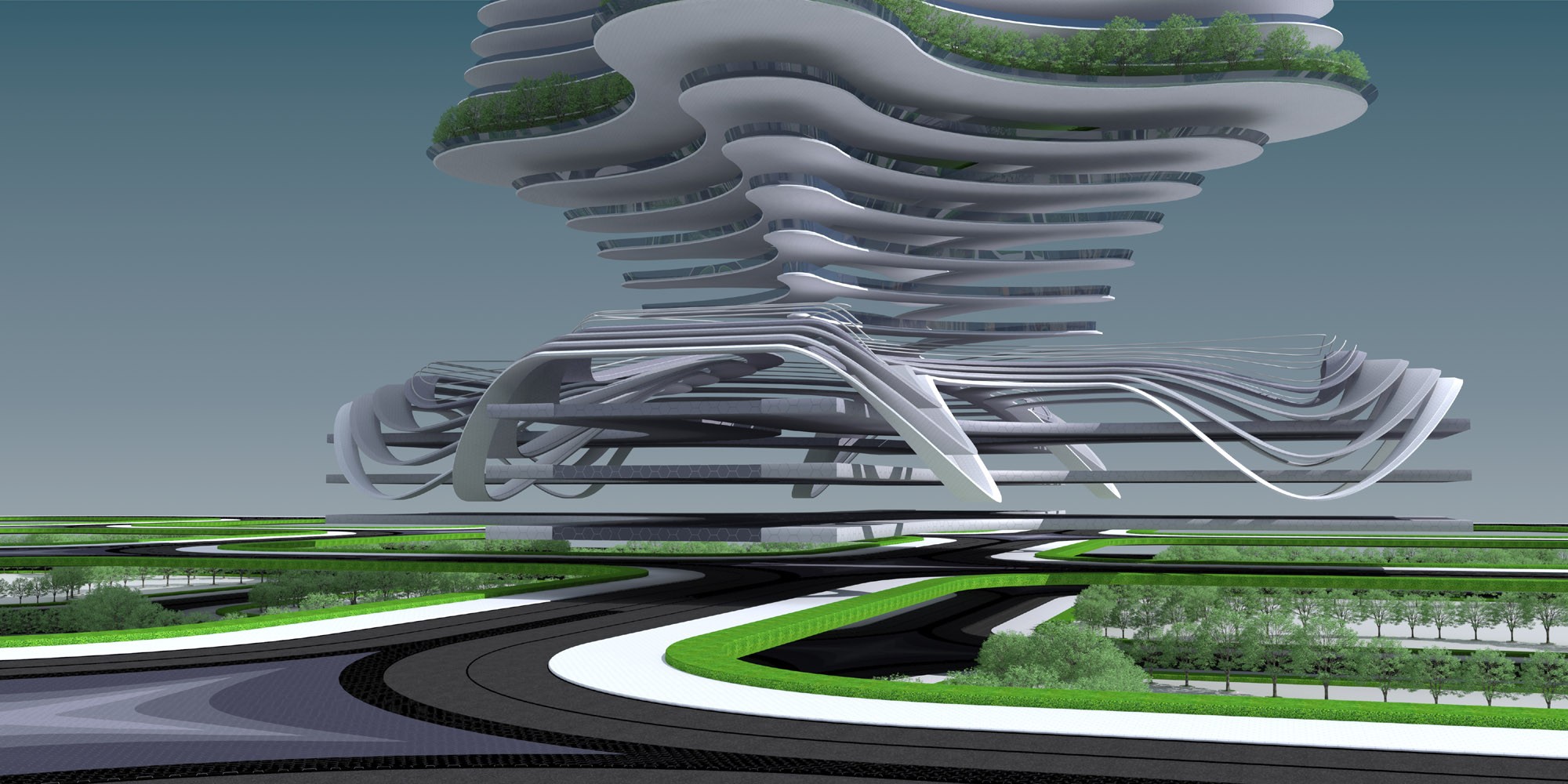 未来城市模块化单元建筑，建筑在路上