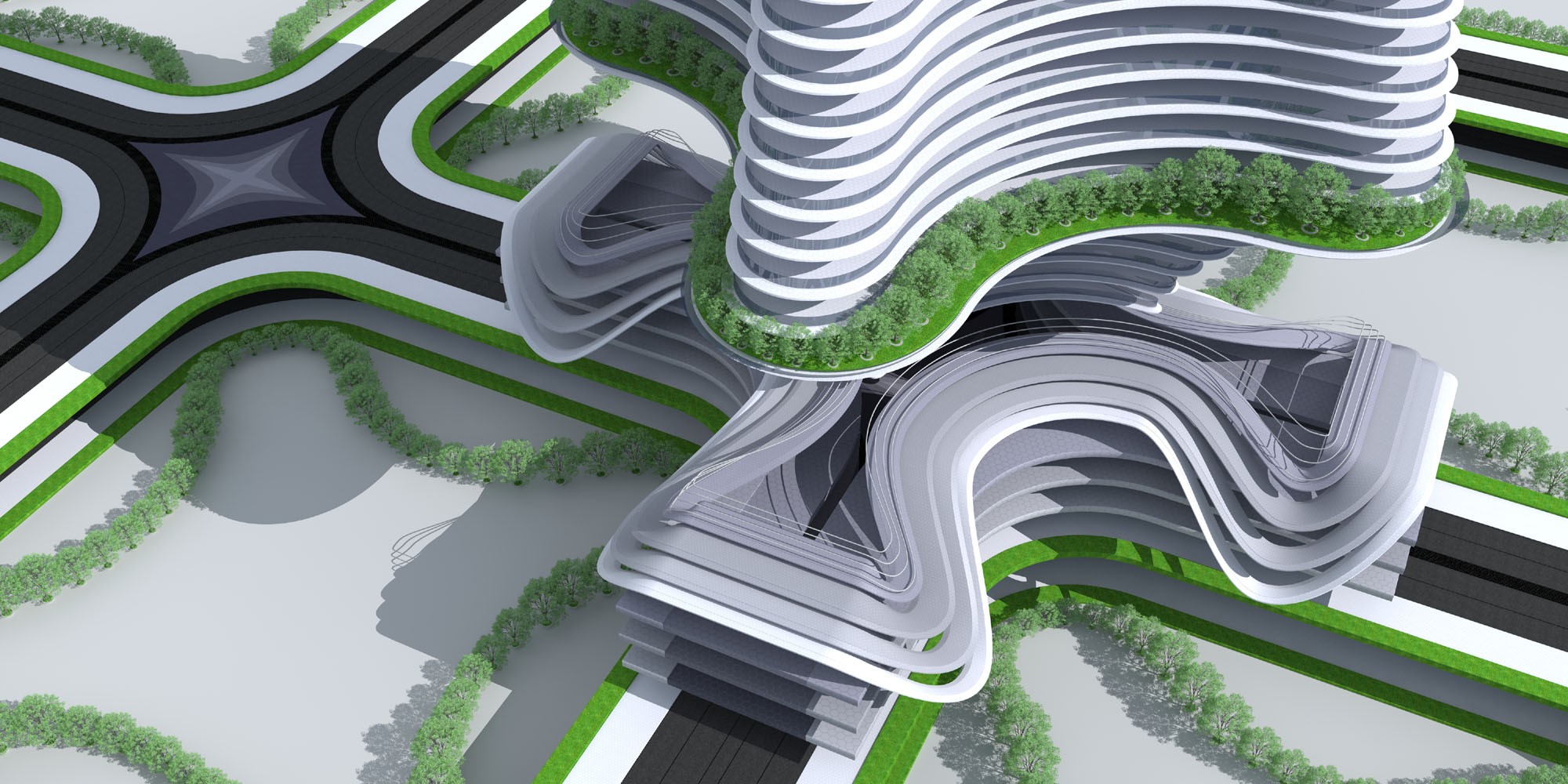 未来城市模块化单元建筑，建筑在路上